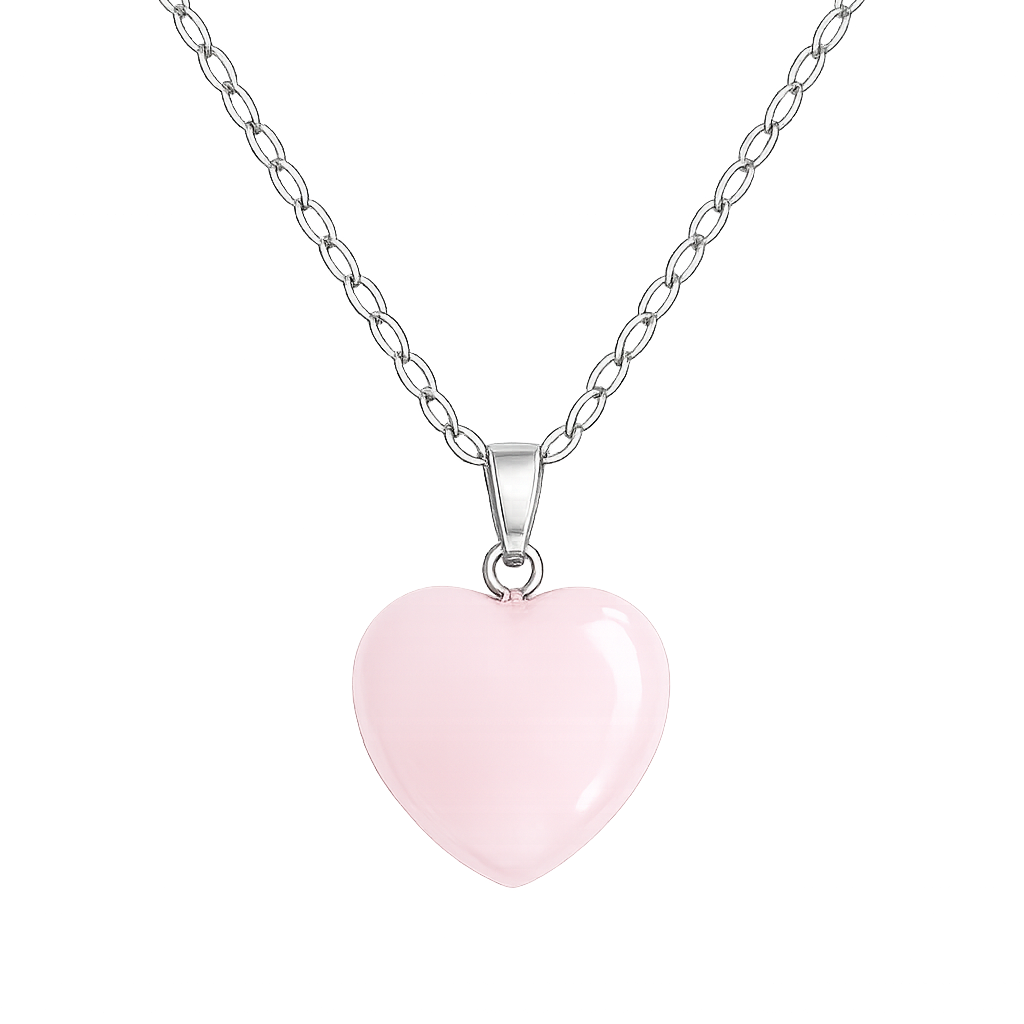 Collar corazon cuarzo rosa 15mm enchapado en oro blanco