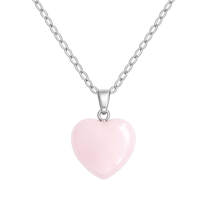 Collar corazon cuarzo rosa 15mm enchapado en oro blanco