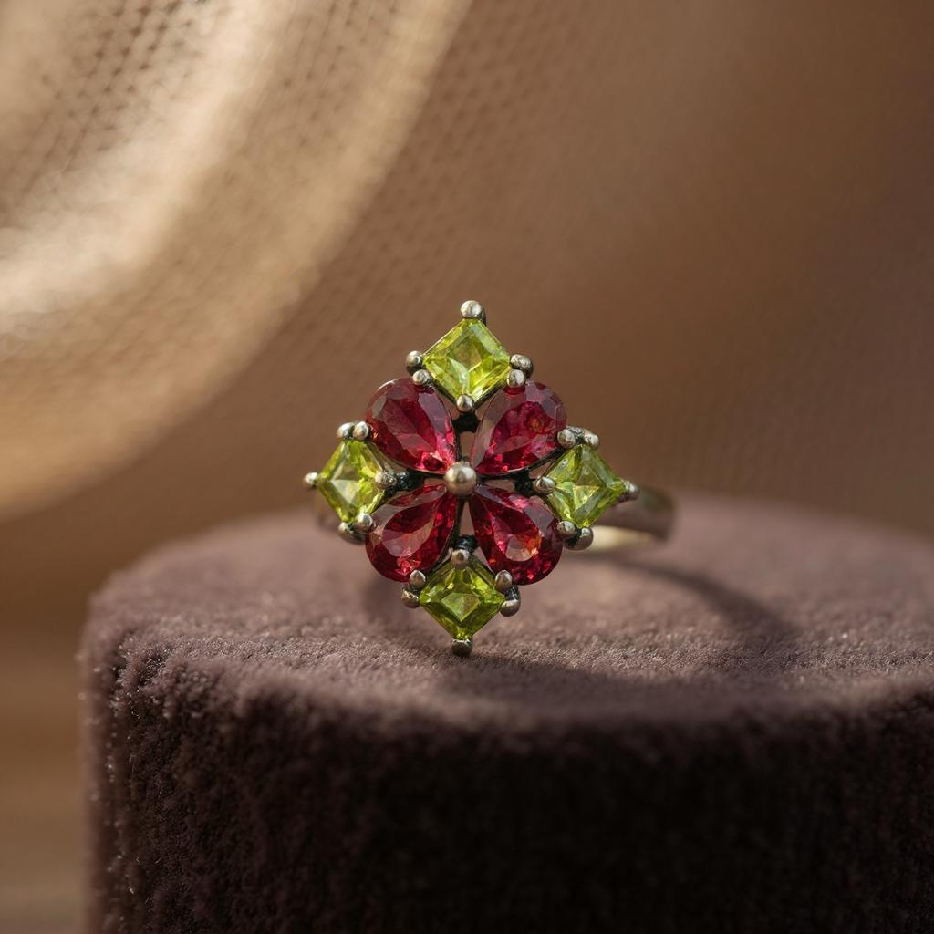 Anillo Octavia - Granate Hessonita y Peridotos Plata 925