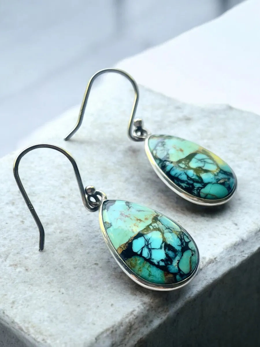 Aros De Turquesa Kingman Con Pirita En Plata 925