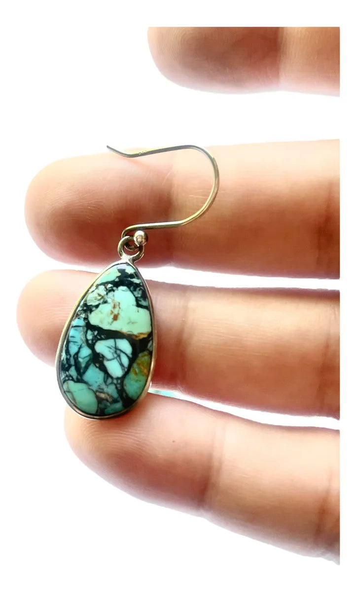 Aros De Turquesa Kingman Con Pirita En Plata 925