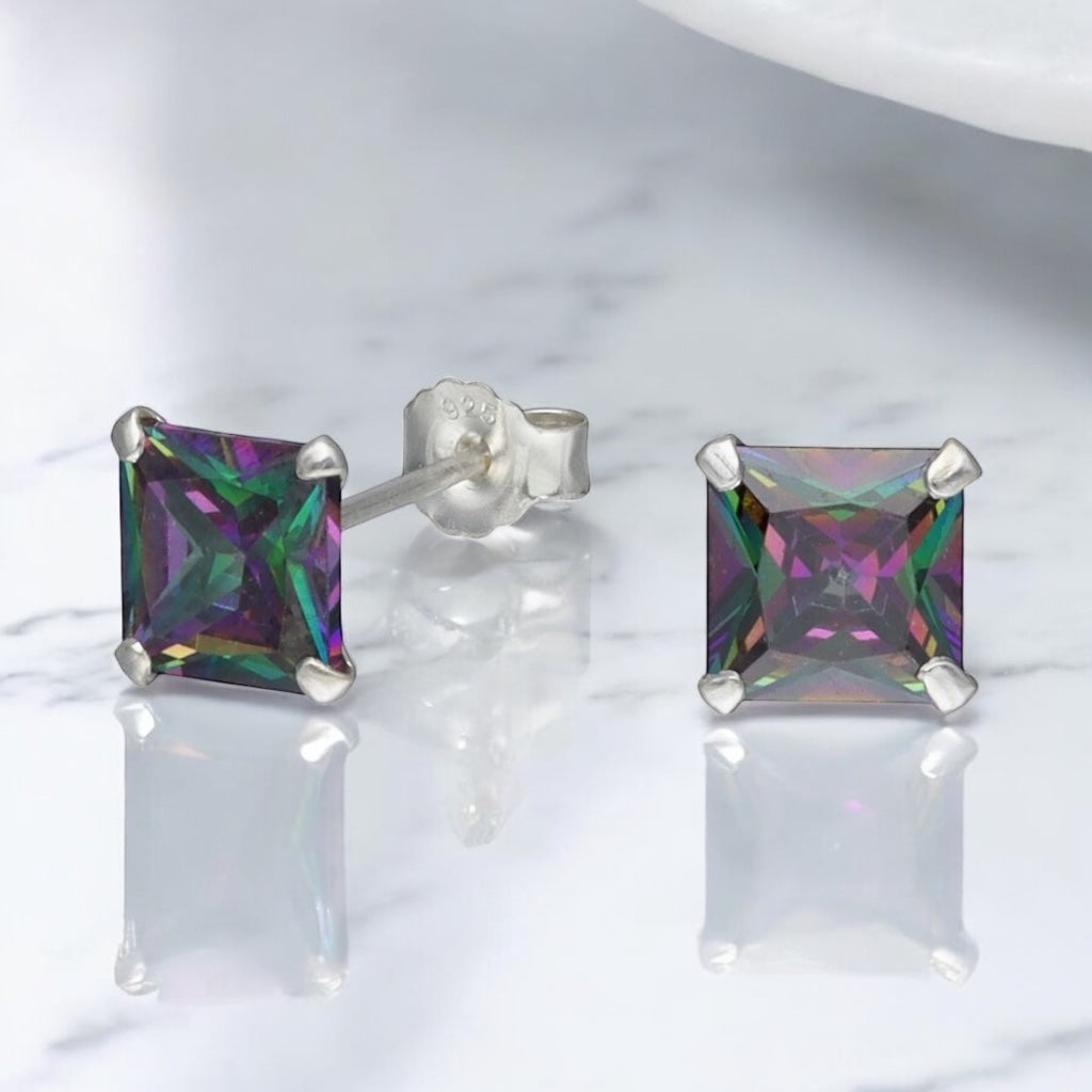 Aros Circon Topacio Mistico Plata 925 Cuadrados