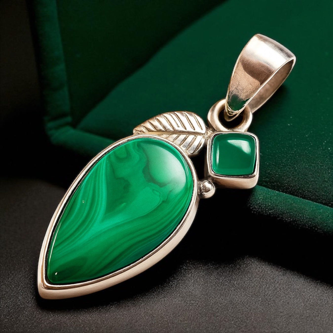 Colgante Malaquita Del Congo Y Onix Verde En Plata
