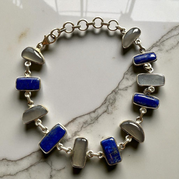 Pulsera de Lapislázuli de Afganistán y Piedra Luna de Sri Lanka Plata 925