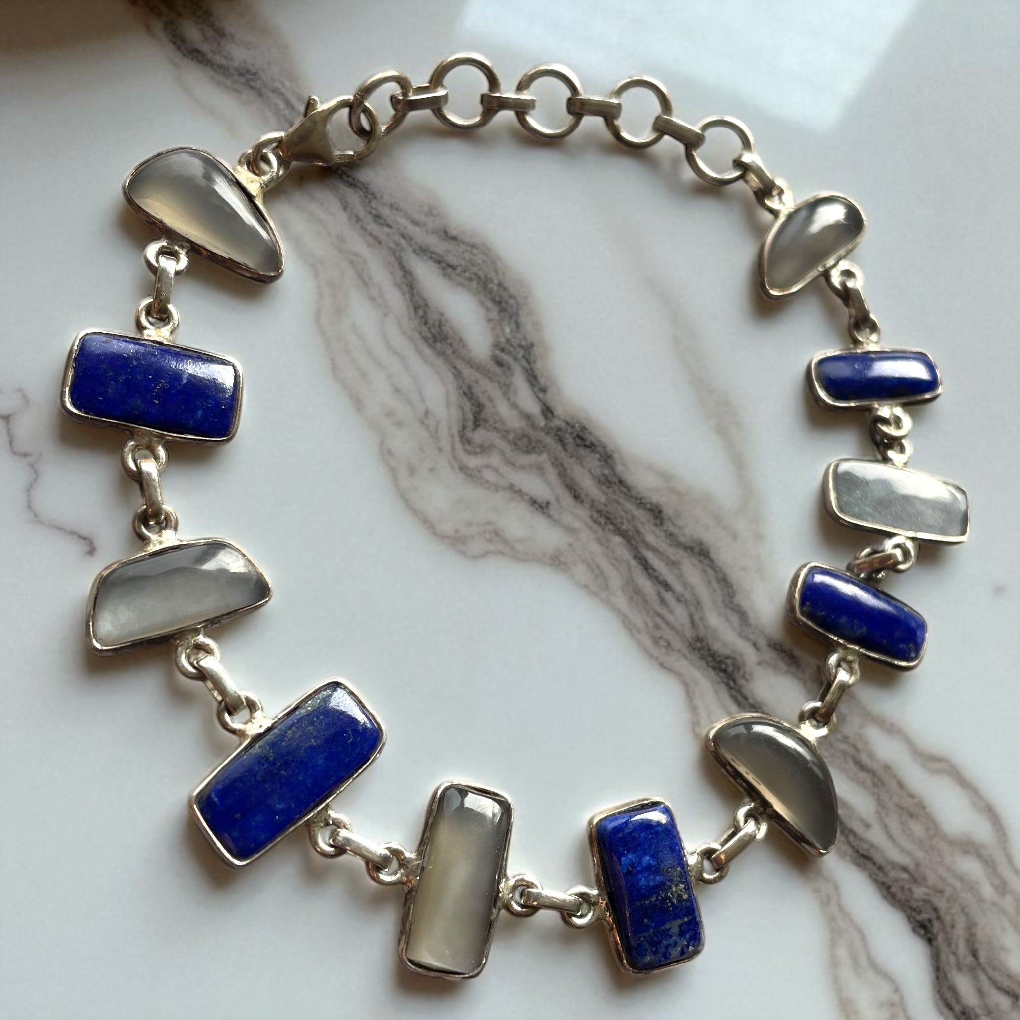 Pulsera de Lapislázuli de Afganistán y Piedra Luna de Sri Lanka Plata 925