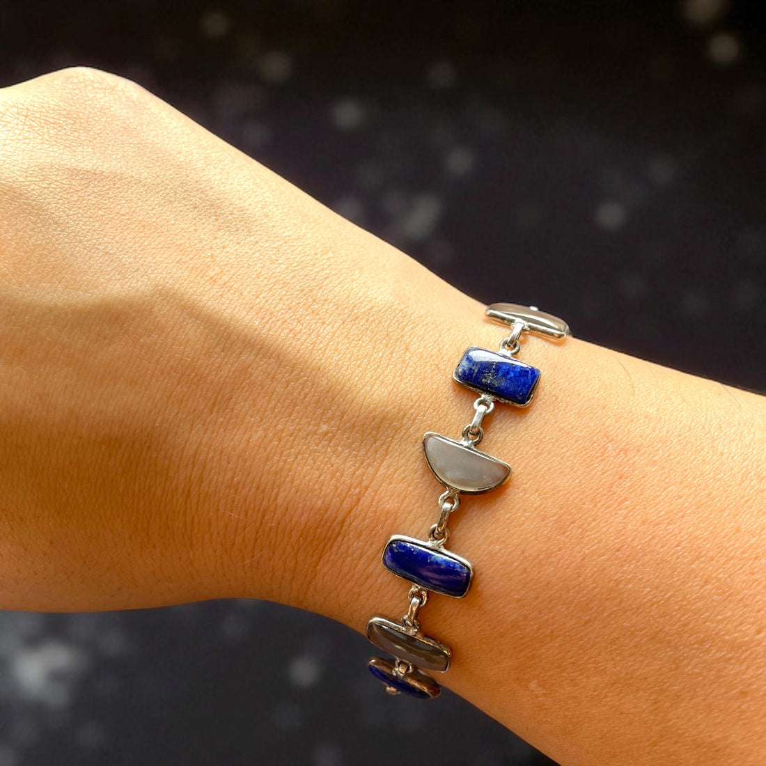 Pulsera de Lapislázuli de Afganistán y Piedra Luna de Sri Lanka Plata 925