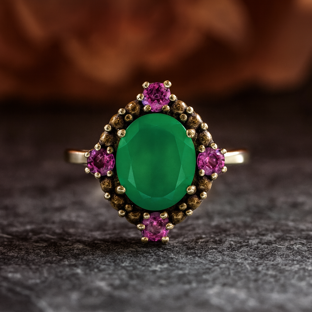 Anillo de Onix Verde y Amatista de Africa Plata 925