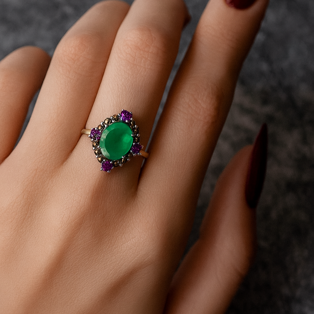 Anillo de Onix Verde y Amatista de Africa Plata 925