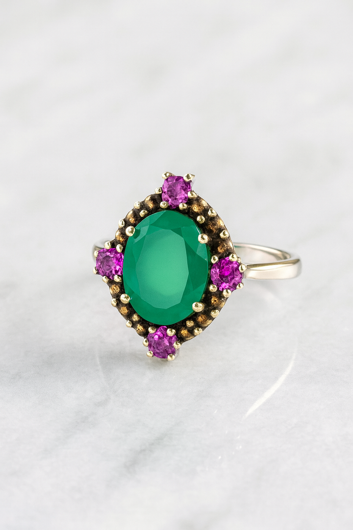 Anillo de Onix Verde y Amatista de Africa Plata 925