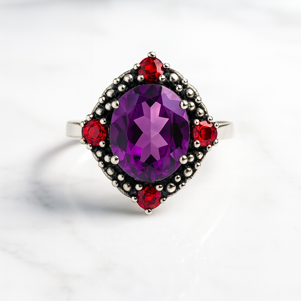 Anillo de Amatista de Africa y Granate Plata 925