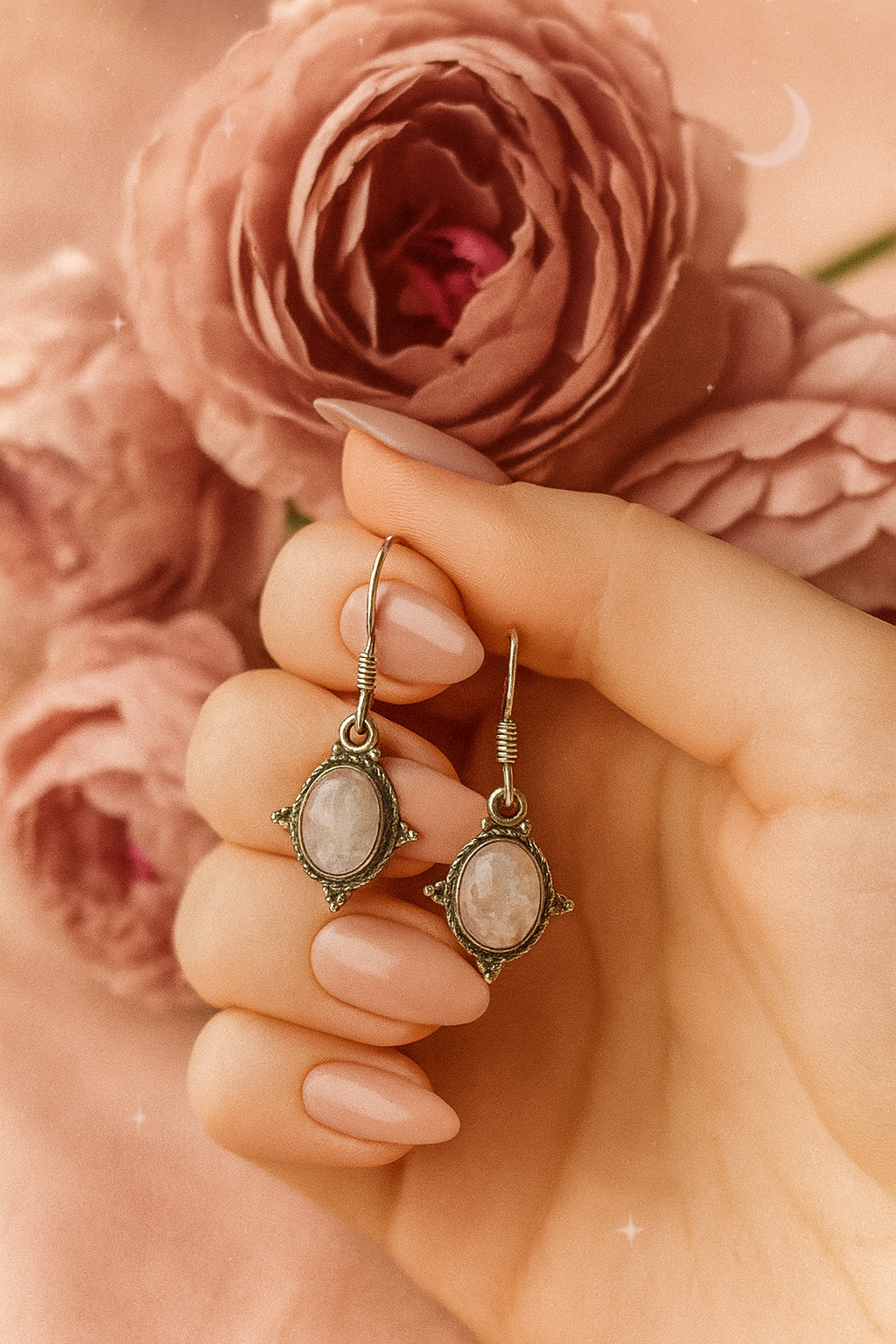 Aros piedra luna arcoíris de la India Plata 925 Bella