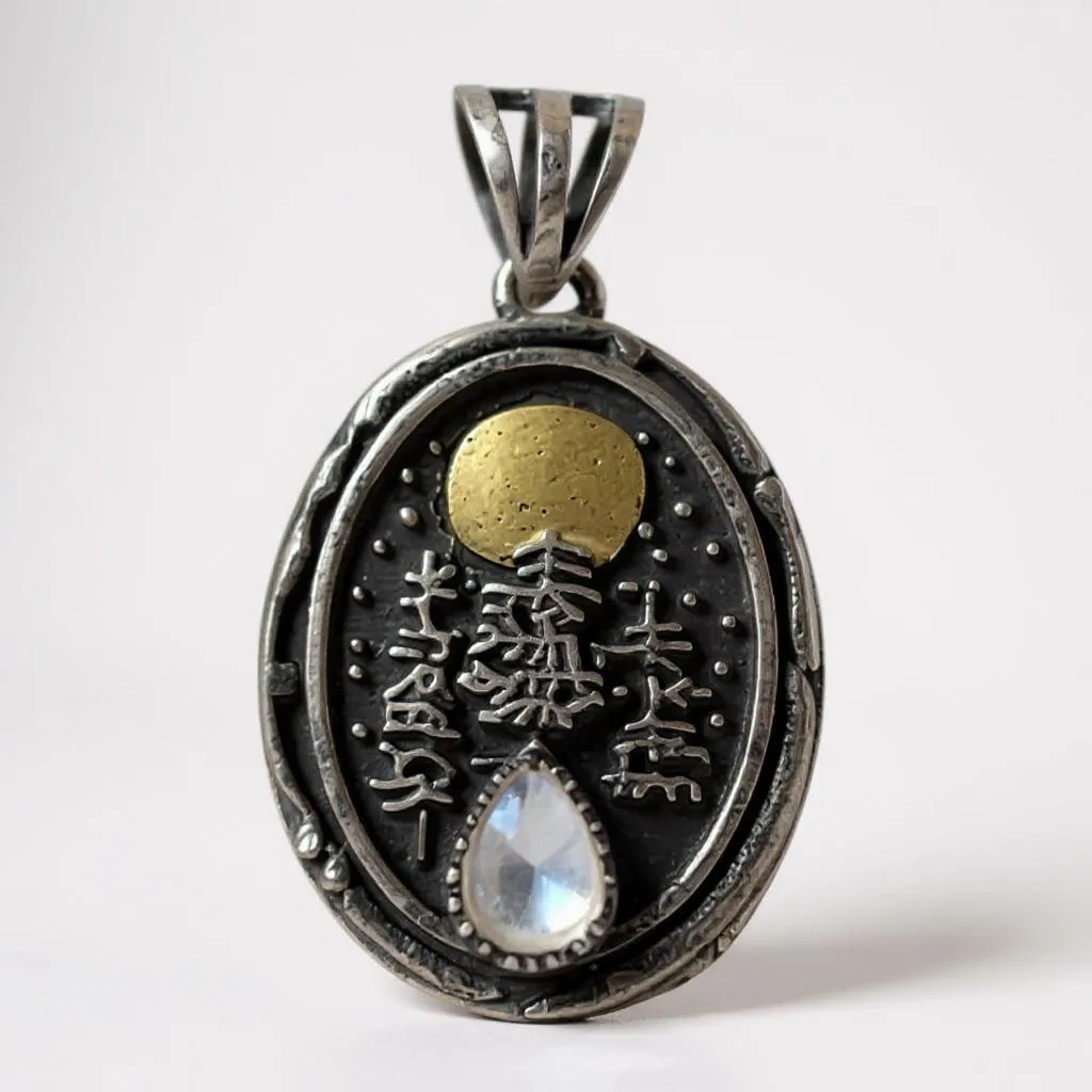 Colgante Medallón Bosques Piedra Luna Arcoíris Plata Y Oro - Joyas Velardi