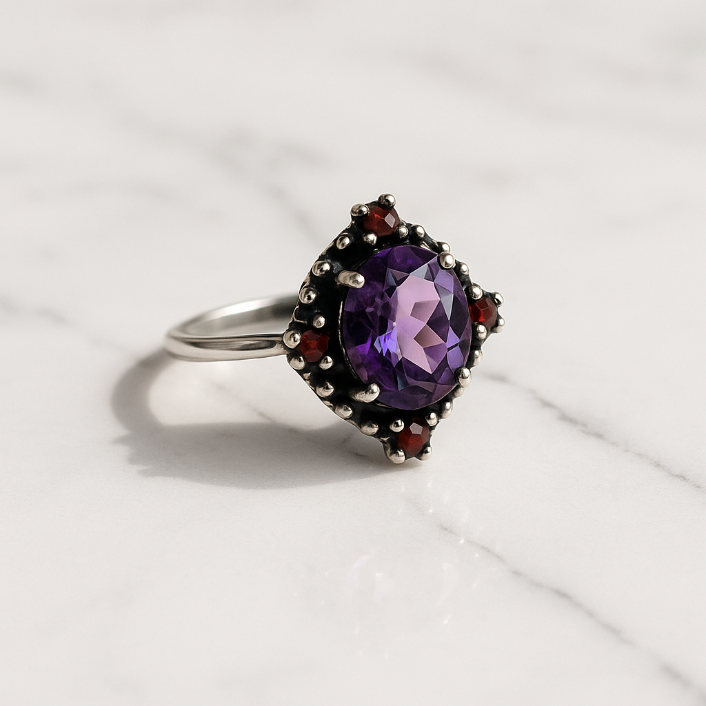 anillo de plata con amatista y granate