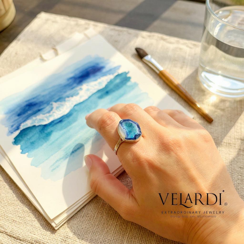 Selene – Anillo de Drusa Azul de Botsuana en Plata 925 - Joyas Velardi