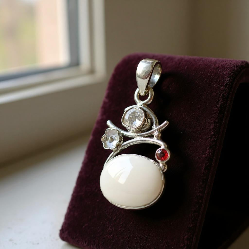 Colgante Opalo Blanco Diamante Herkimer y Granate - Joyas Velardi