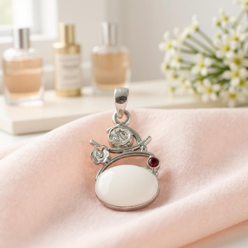 Colgante Opalo Blanco Diamante Herkimer y Granate - Joyas Velardi