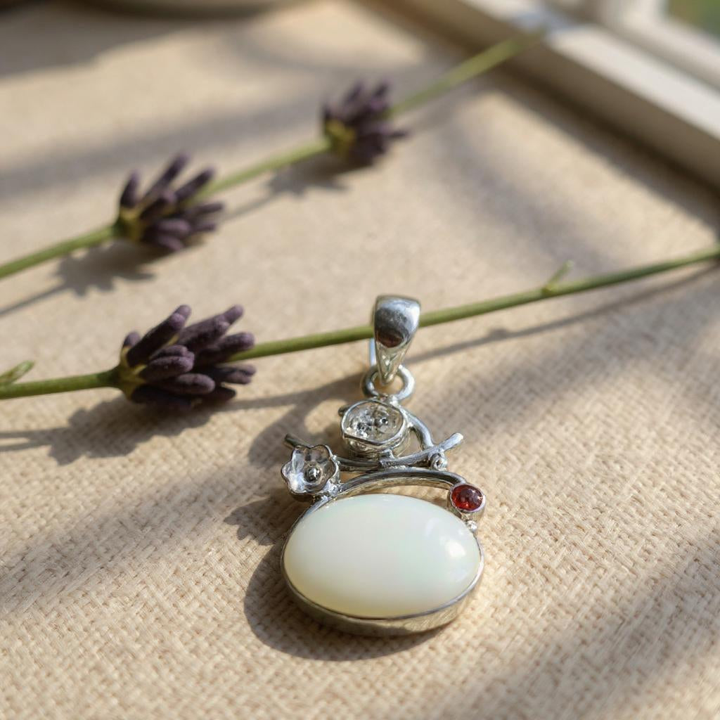 Colgante Opalo Blanco Diamante Herkimer y Granate - Joyas Velardi