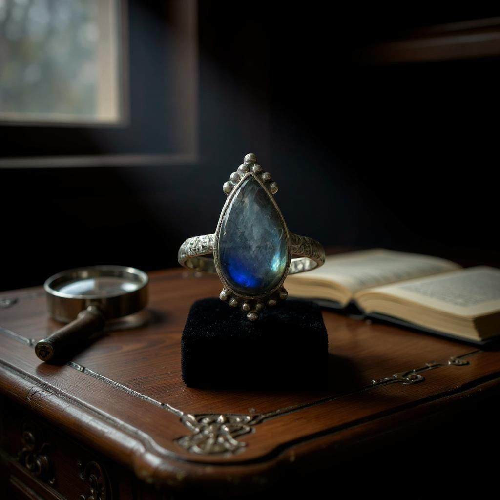 Aether — Anillo de Labradorita Azul Fuego de Madagascar en Plata 925 - Joyas Velardi