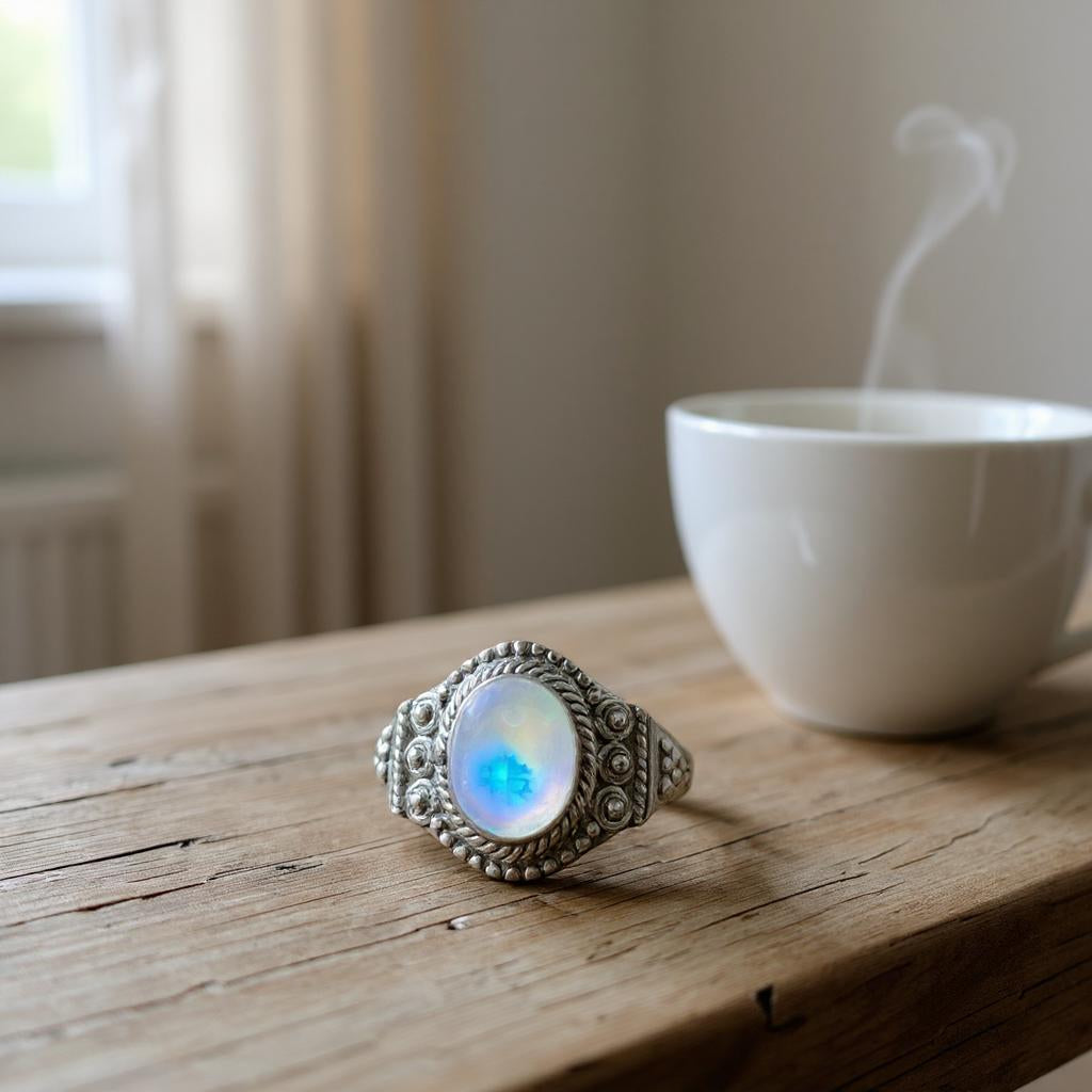 "Seleneira" — Anillo de Piedra Luna Arcoíris de la India en Plata 925 - Joyas Velardi