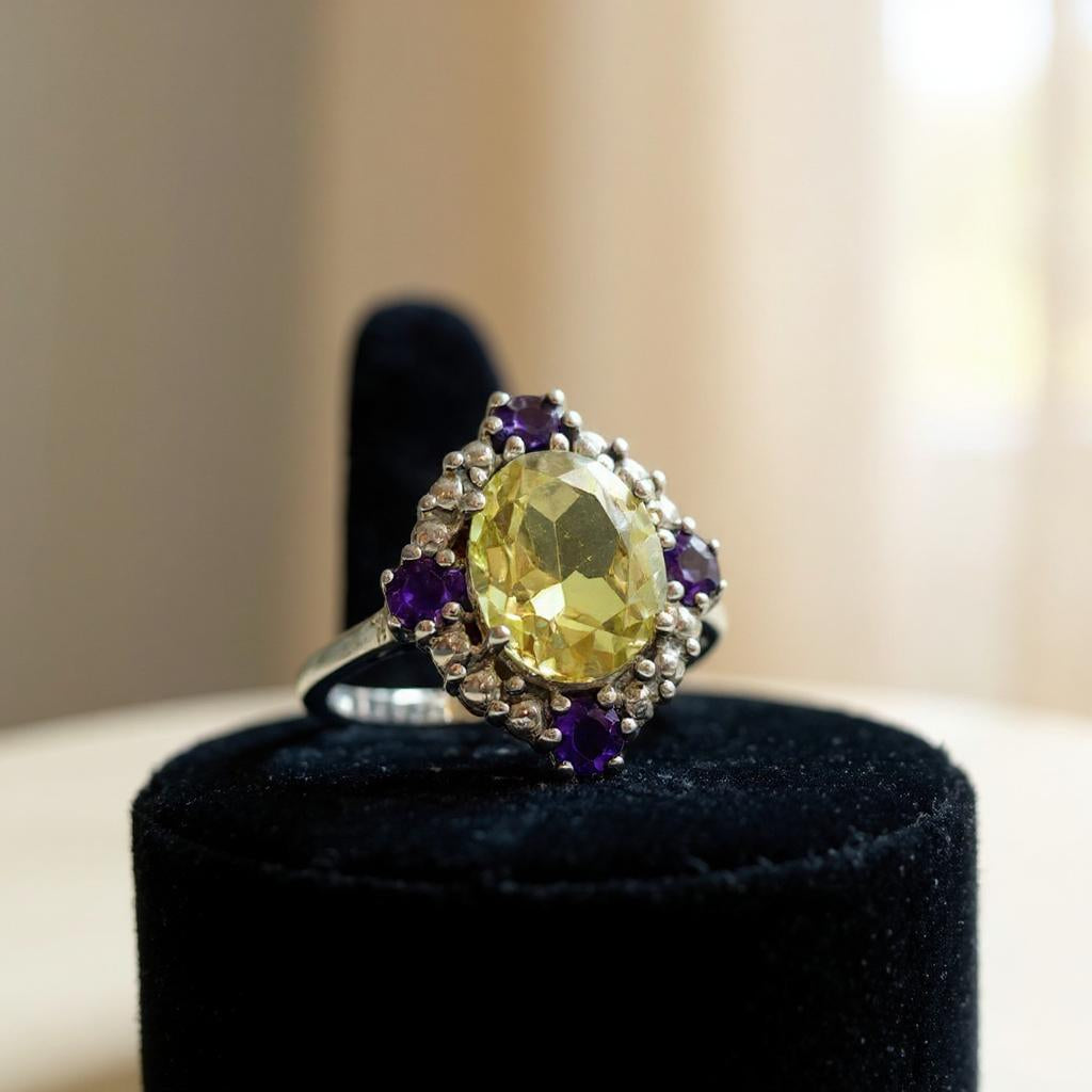 Aurora – Anillo de Cuarzo Limón y Amatistas de África en Plata 925 - Joyas Velardi