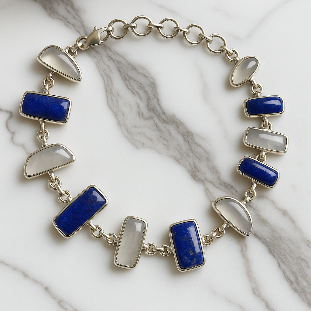 Pulsera de Lapislázuli de Afganistán y Piedra Luna de Sri Lanka Plata 925